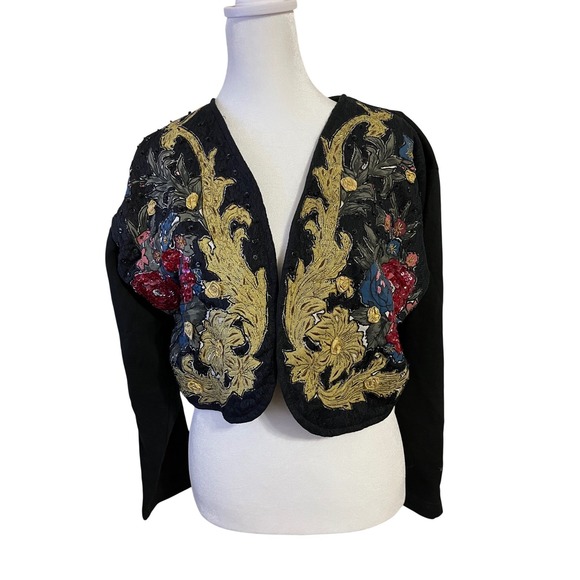 Jou Jou Sweaters - Vintage Jou Jou Black Cropped Jacket Floral Sequin Embroidered Bolero Medium